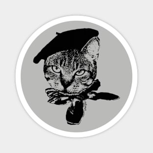 Ooo la la Cat with Beret, Black on Grey Magnet